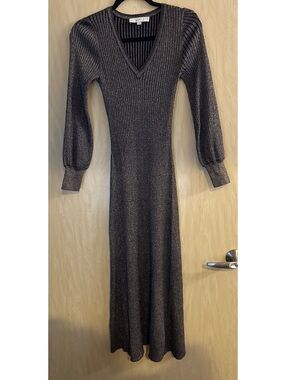Loft long ribbed sweater dress metallic brown long sleeve a-line size xs